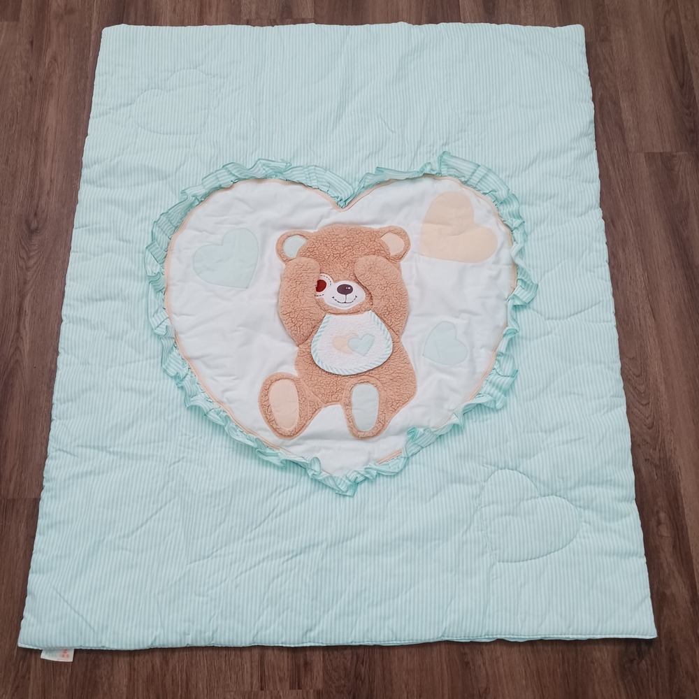 Vintage Judis Peek-A-Bear Baby Blanket Mint Green White Pinstripe Heart Quilted